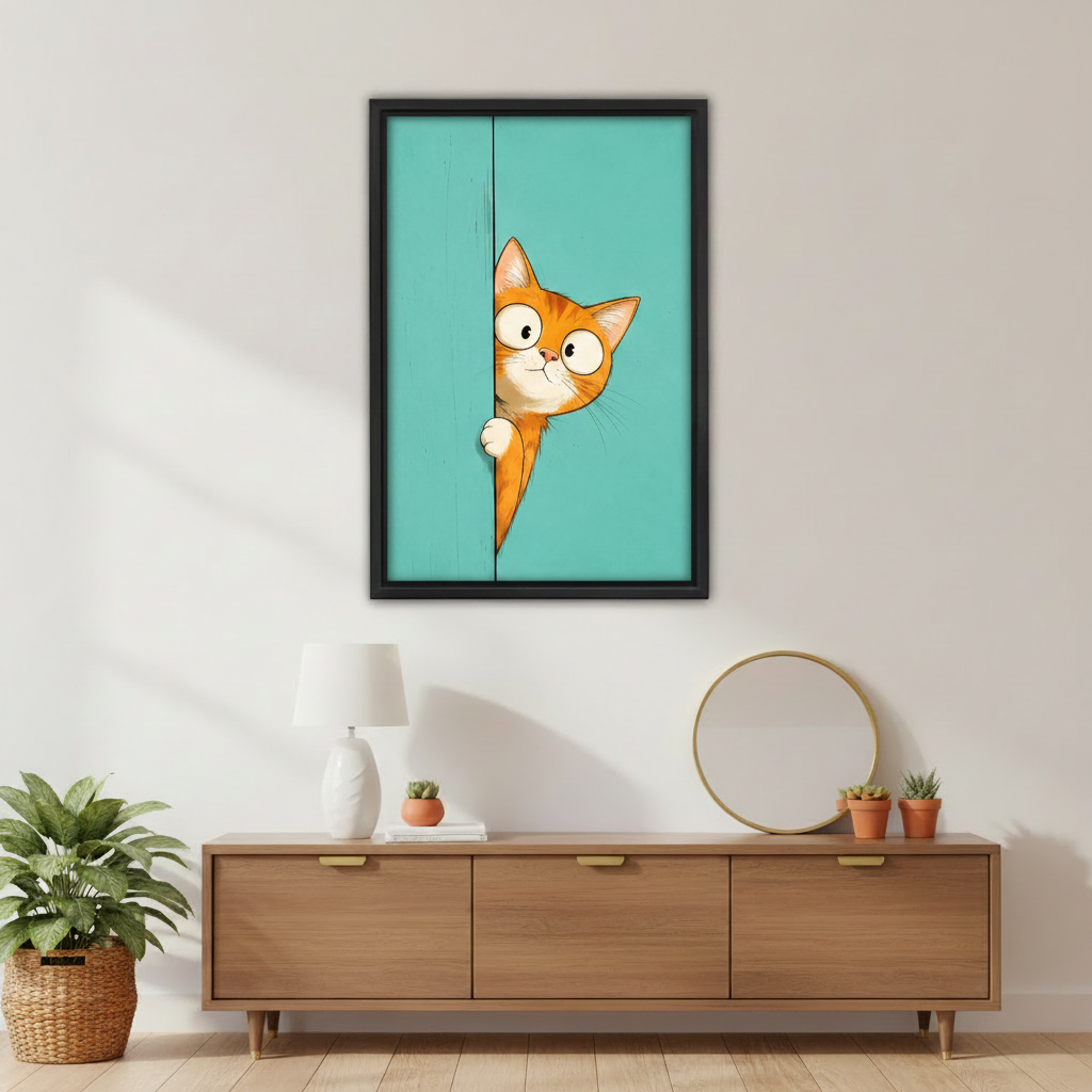 Peeking cat framed wall art hanging in modern living room above sofa