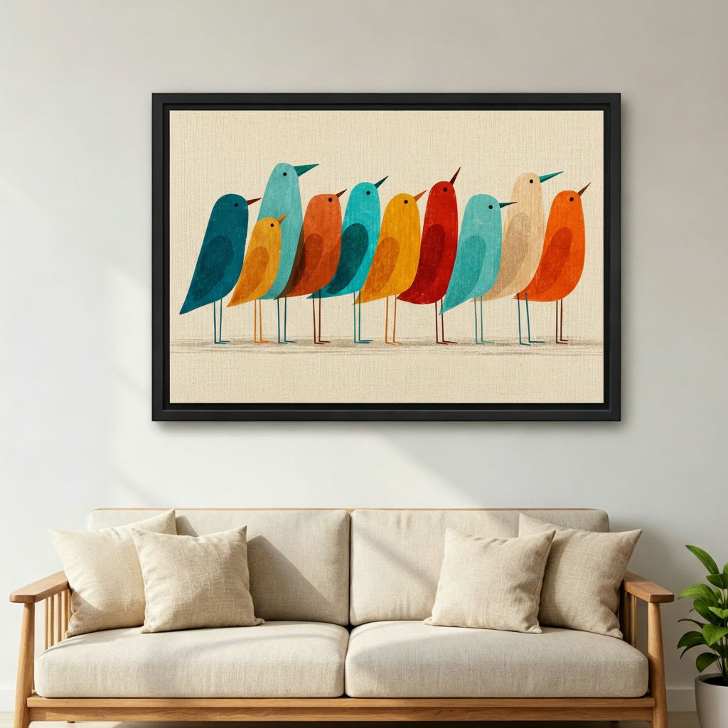 Colorful mid-century modern birds canvas wall art displayed in modern living room, retro bird print decor