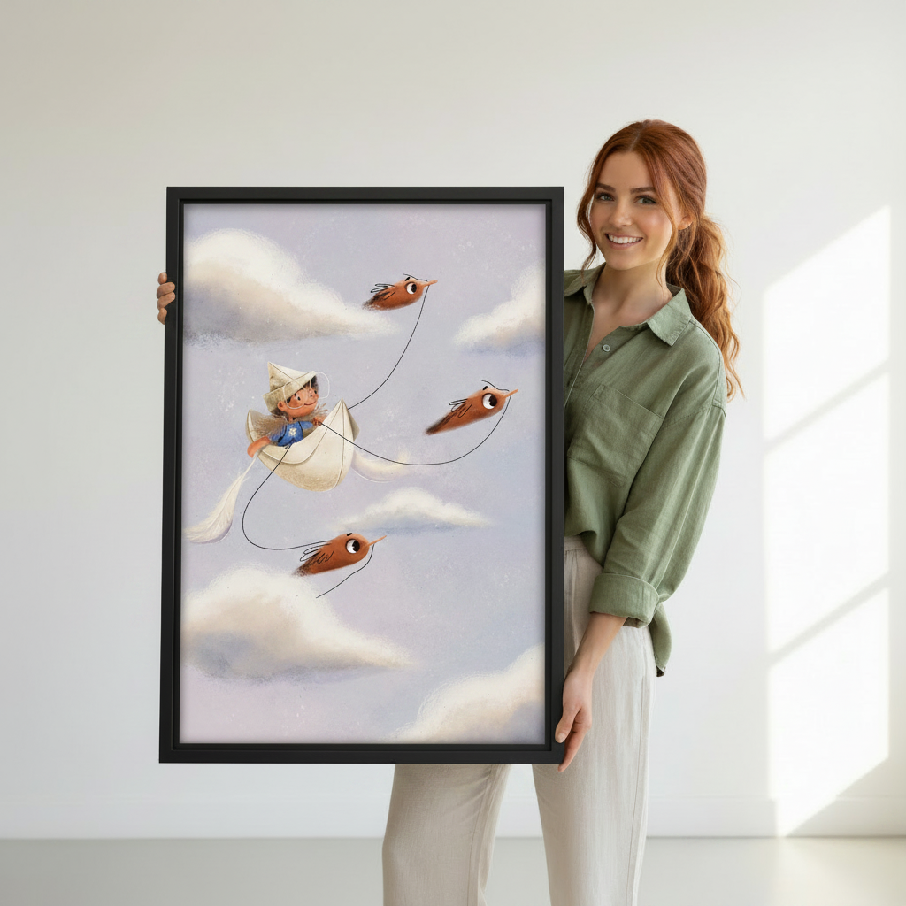 Whimsical boy flying paper boat with birds canvas wall art in black frame in minimalist living room — magical fantasy illustration print