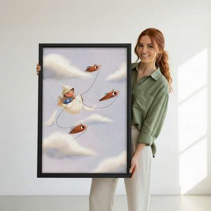 Whimsical boy flying paper boat with birds canvas wall art in black frame in minimalist living room — magical fantasy illustration print