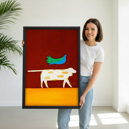 Bold folk art animal wall art in black frame