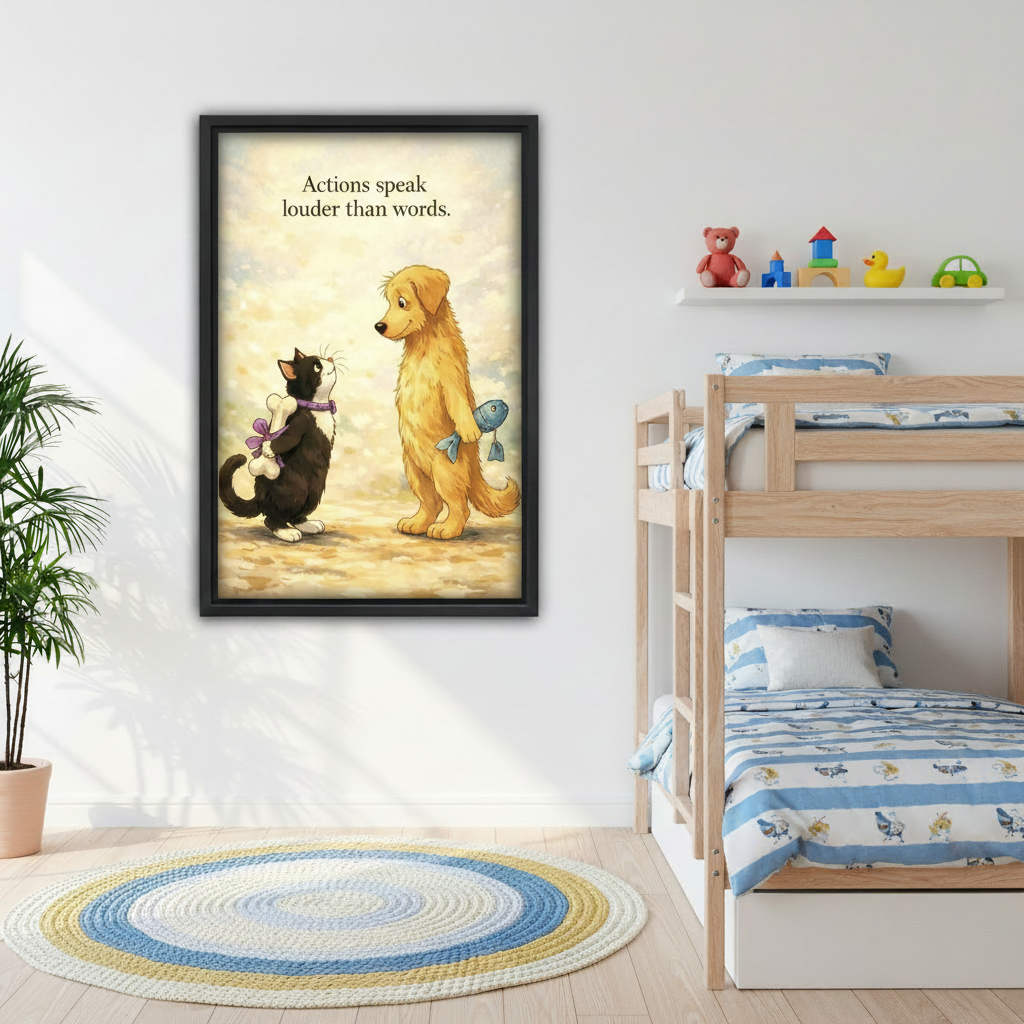 Cat and dog gift exchange framed quote wall art in kids bedroom, cute animal nursery decor