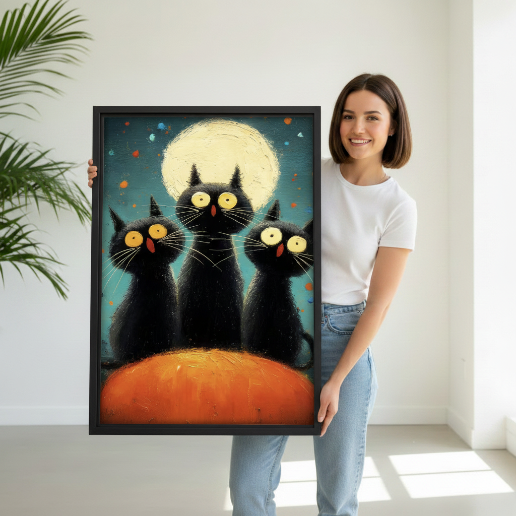 Woman holding whimsical black cats moon framed canvas wall art, black frame, bold pop art cat illustration, minimalist white room