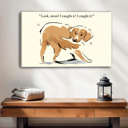 Dog chasing tail funny sketch canvas art gallery wrap — humorous pet wall decor for dog lovers