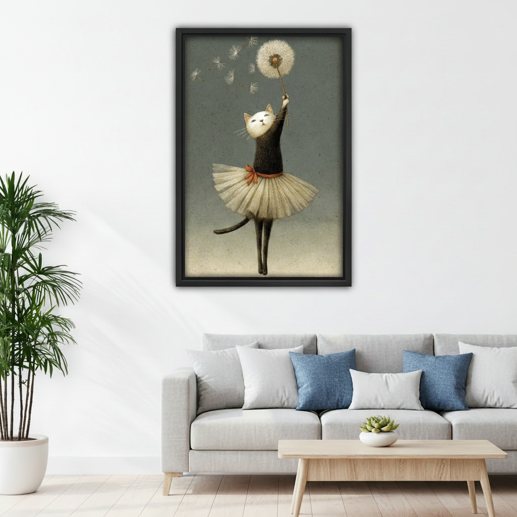 Ballerina cat dandelion canvas wall art above gray sofa in modern living room, whimsical dreamy cat tutu home decor