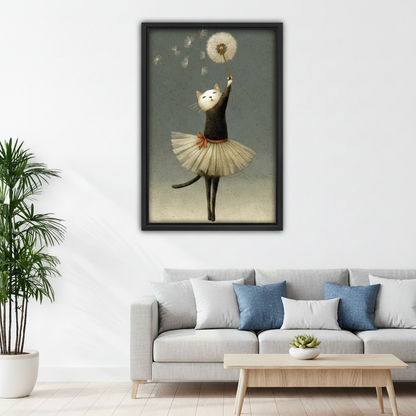 Ballerina cat dandelion canvas wall art above gray sofa in modern living room, whimsical dreamy cat tutu home decor