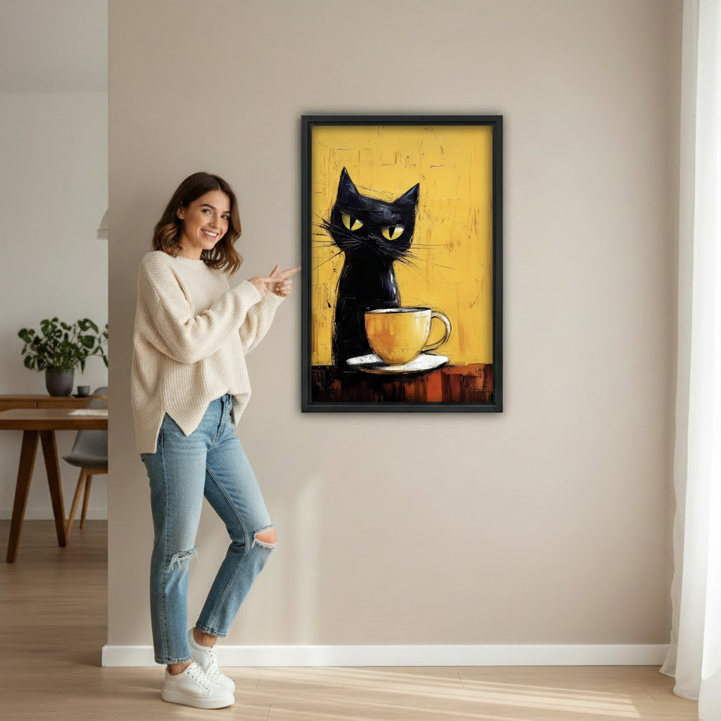 Woman holding black cat and yellow coffee cup framed canvas print, bold wall art decor