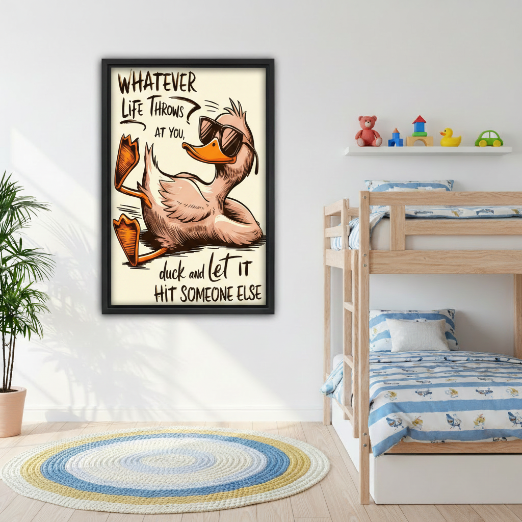 Funny duck quote canvas print hanging in bright living room above sofa, witty humorous wall art for modern eclectic home decor