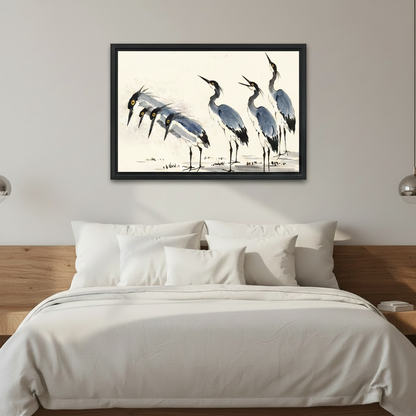 Chinese ink heron wall art displayed in modern living room above sofa, elegant bird print, zen nature decor for home