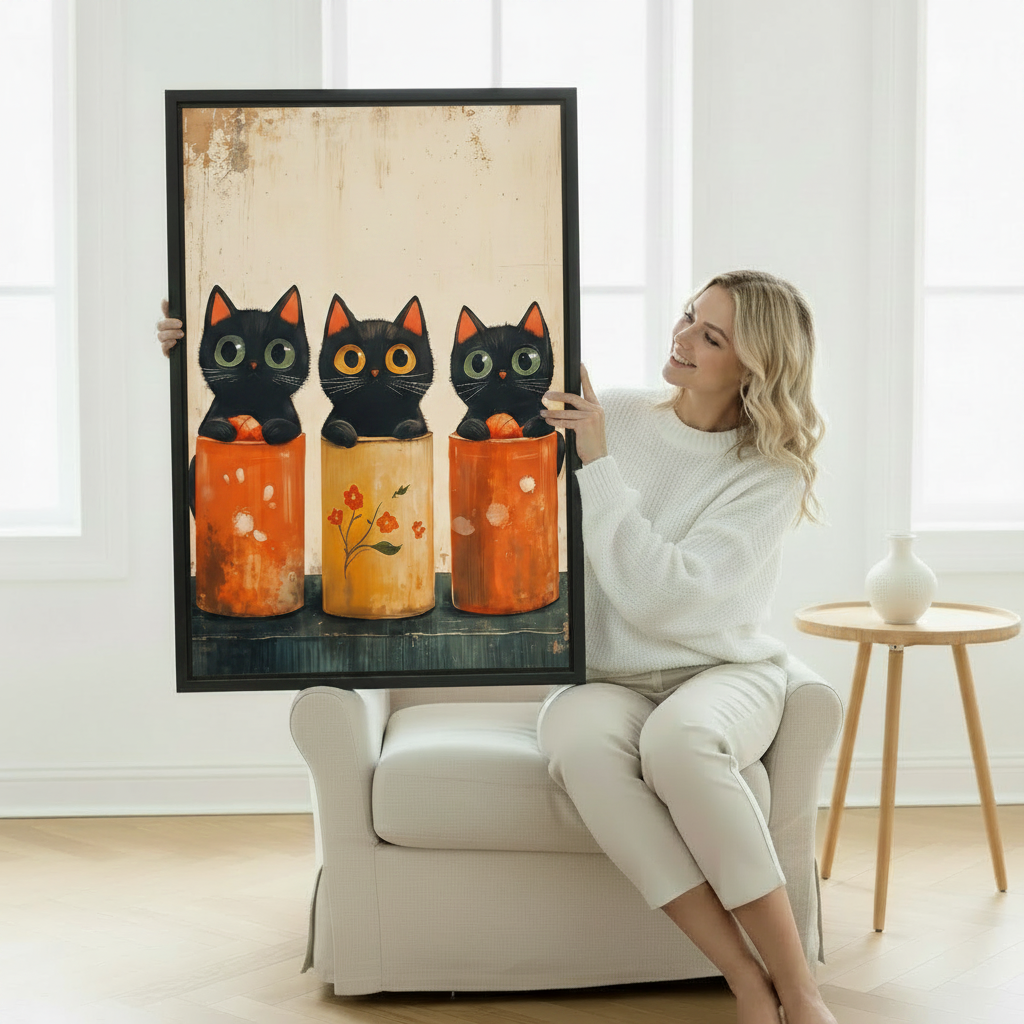 Woman holding vintage black cat canvas print — folk art framed wall art for home
