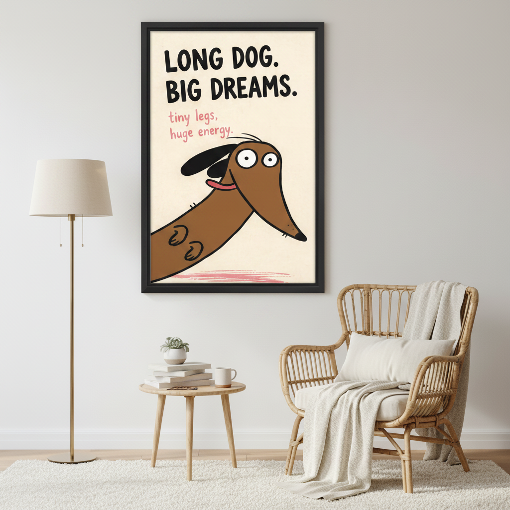Funny dog lover gift canvas print — dachshund big dreams poster, warm tones, kids room or living room wall art