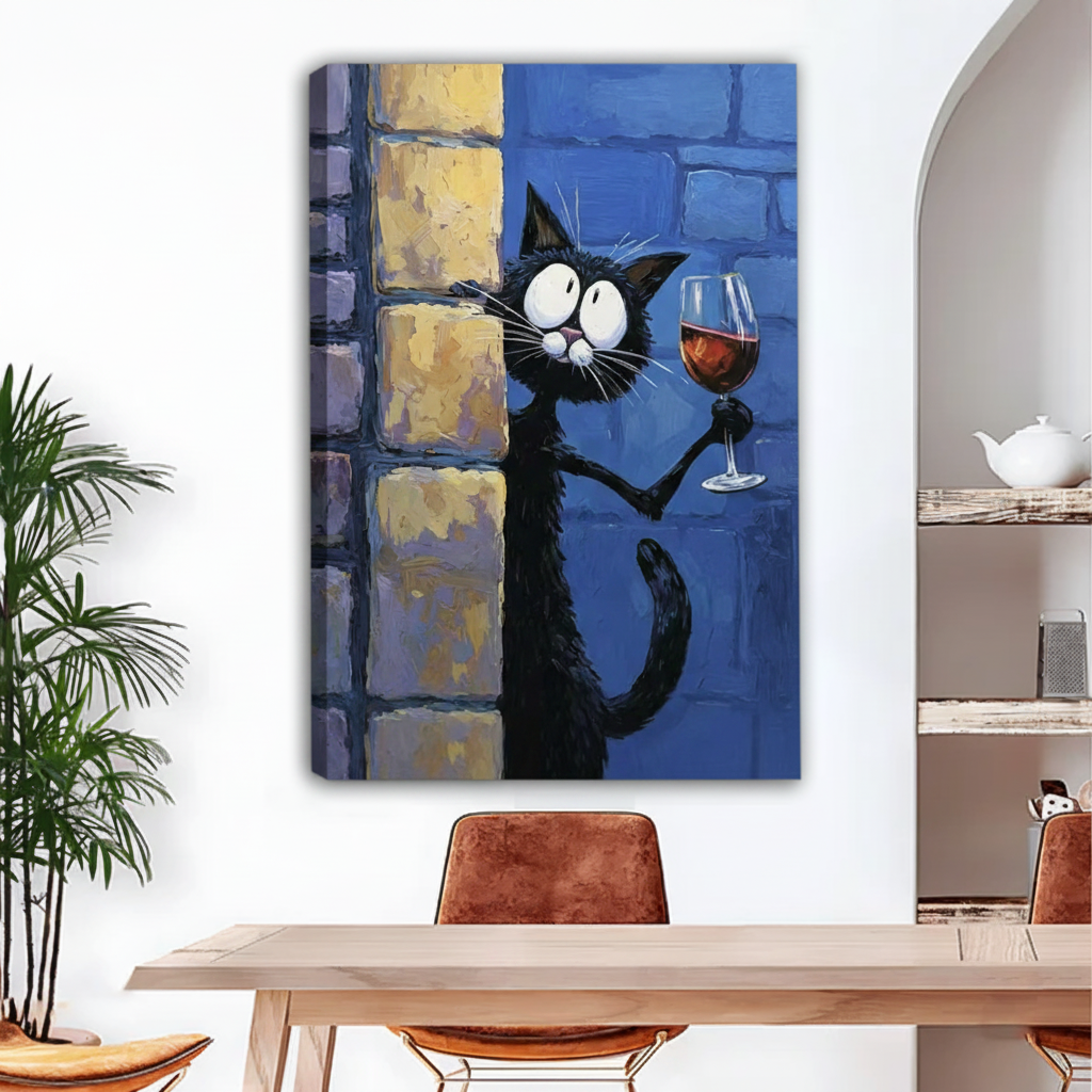 Black cat holding wine glass canvas wall art no frame gallery wrap in dining room, witty cat lover print for eclectic home decor
