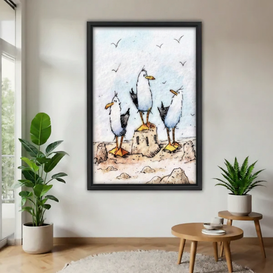 Whimsical seagulls beach watercolor canvas wall art in black frame, hand-drawn coastal birds at sandcastle for living room decor