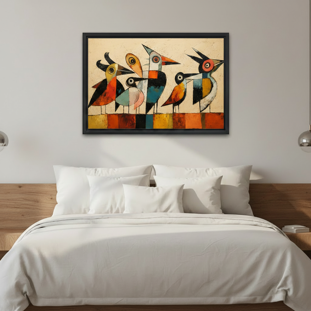 Cubist abstract birds wall art displayed above sofa in modern living room, colorful geometric bird print, bold eclectic home decor