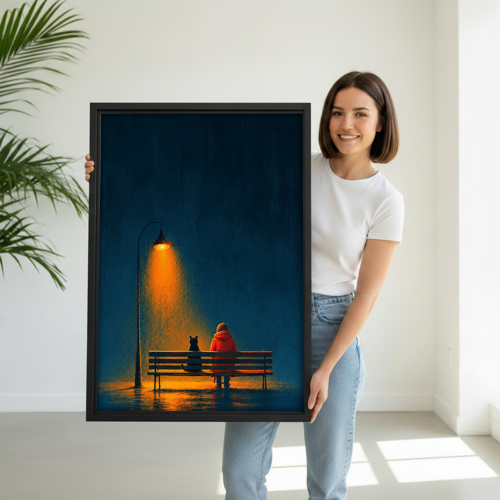 Woman holding moody night cat bench framed canvas wall art, black frame, atmospheric dark teal oil painting with glowing streetlamp, minimalist white room display