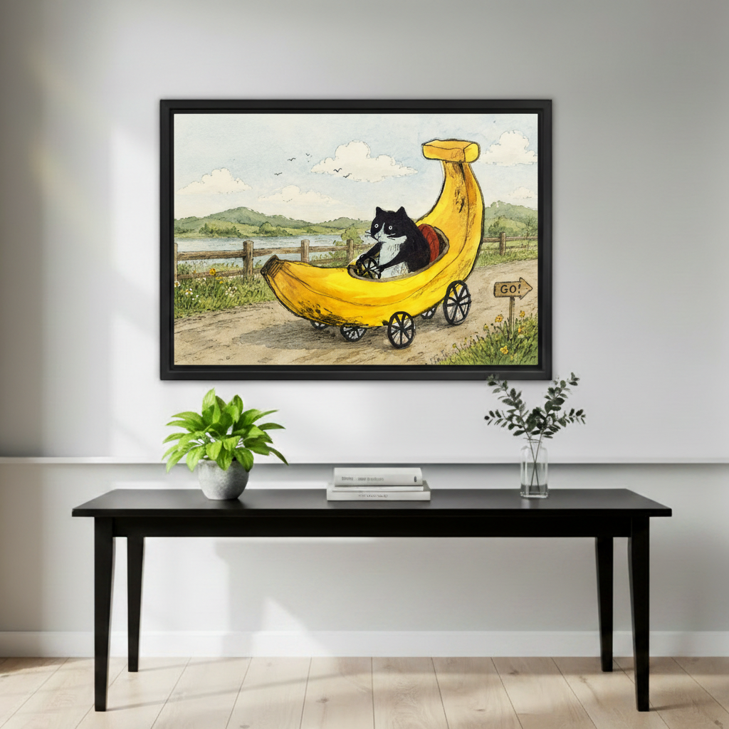 Whimsical cat framed canvas print above wooden sideboard, modern home decor