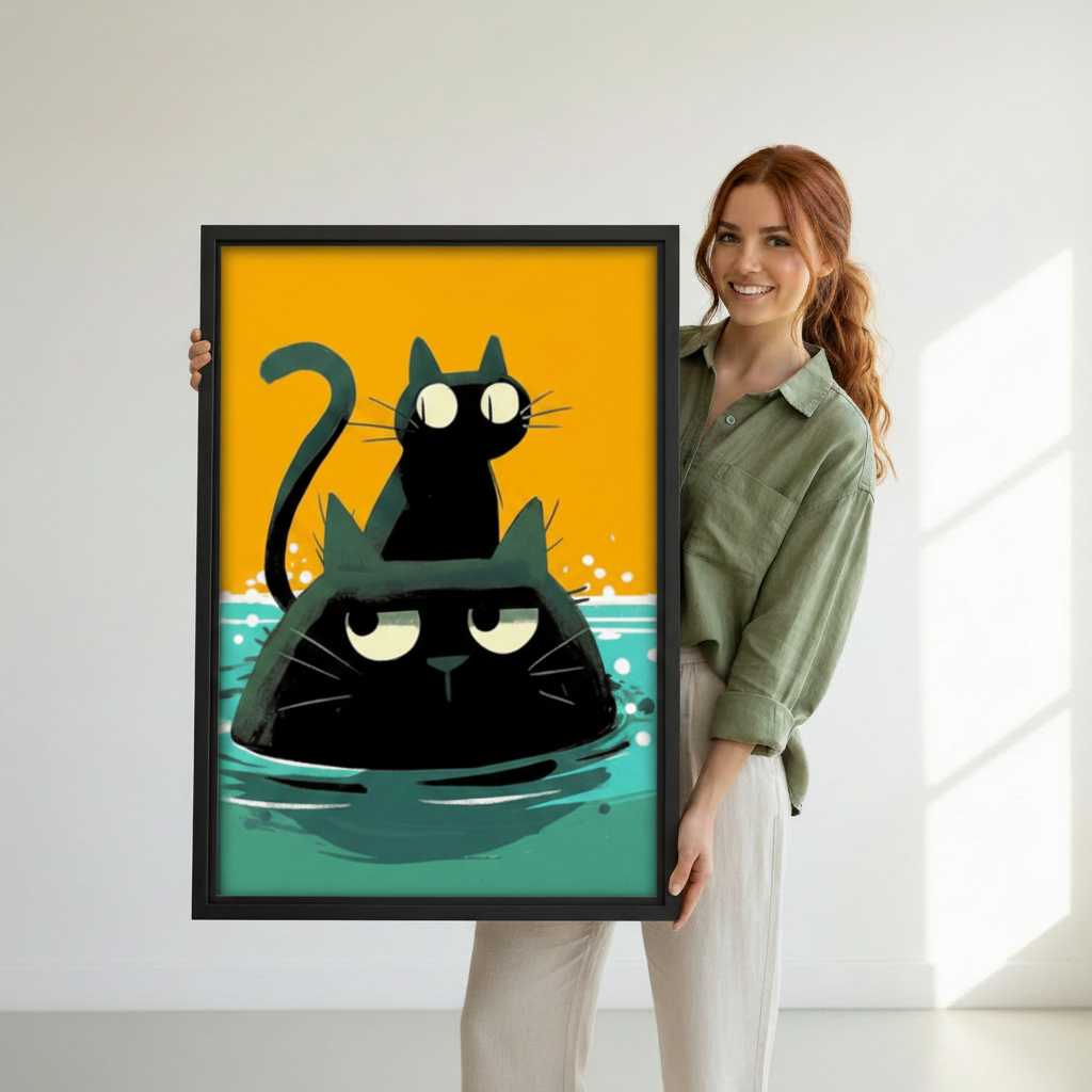 Funny two black cats stacked canvas wall art as home decor accent — bold colorful cat illustration print styled with modern home furnishings