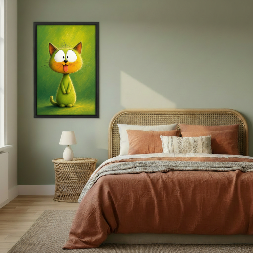 Playful green cat portrait in black frame displayed above bedroom headboard