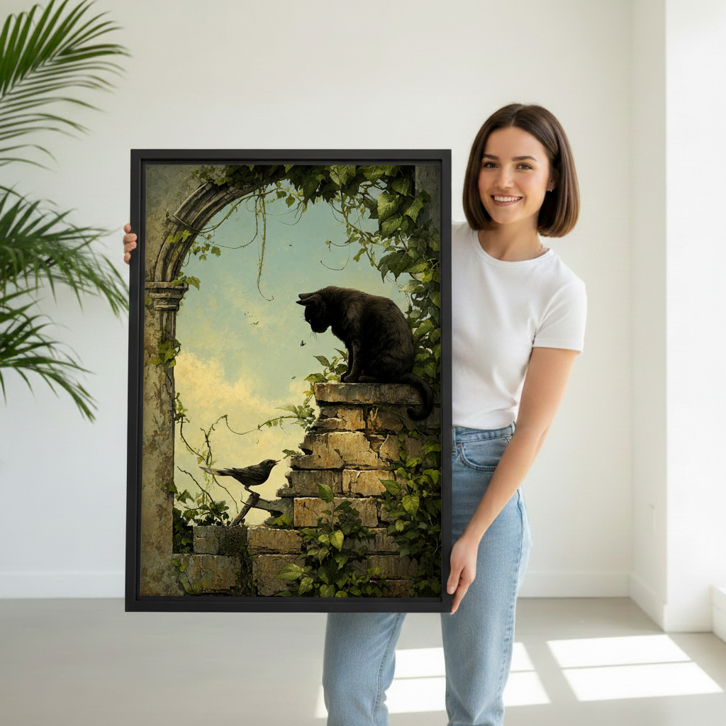 Woman holding vintage black cat framed canvas wall art print in white minimal room