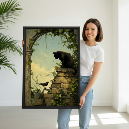 Woman holding vintage black cat framed canvas wall art print in white minimal room
