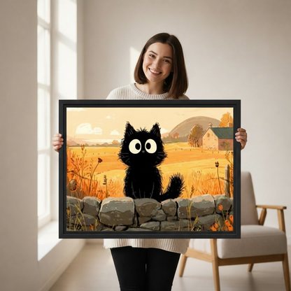 Black cat autumn farm wall art — framed canvas print shown in a cozy bedroom setting