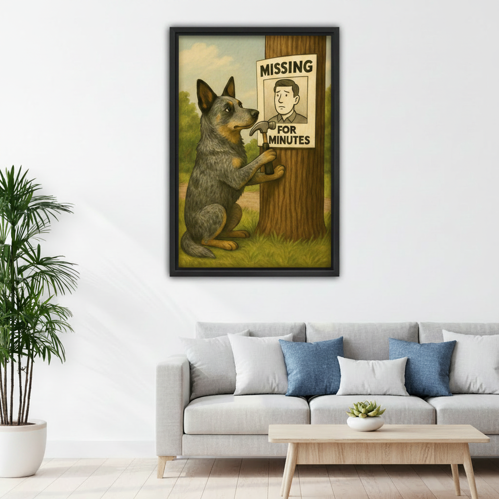 Funny dog lover framed canvas wall art print adding playful charm to children bedroom wall