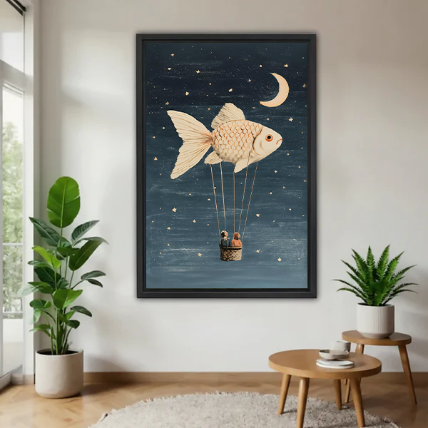Black-framed fish balloon canvas wall art between leafy plants, featuring a golden fish beneath a crescent moon.