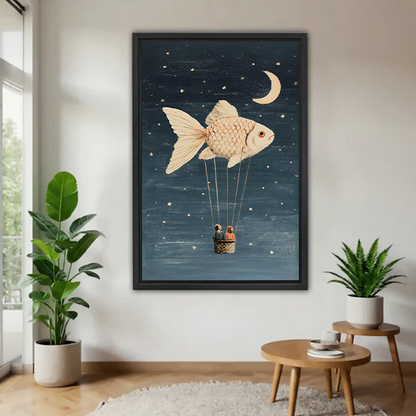 Black-framed fish balloon canvas wall art between leafy plants, featuring a golden fish beneath a crescent moon.