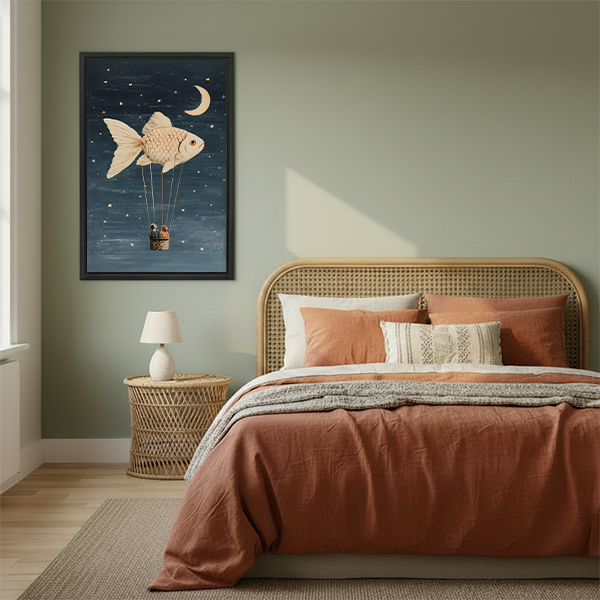 Black-framed fish balloon canvas wall art above a cream sofa and wooden coffee table in a bright living room.