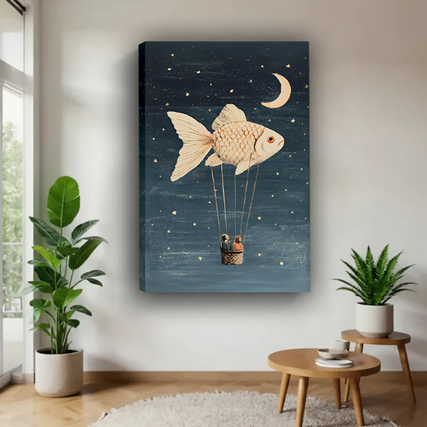 Gallery-wrapped fish balloon canvas wall art beside green plants, showing a suspended basket against a starry blue sky.