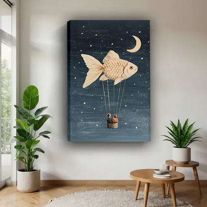 Gallery-wrapped fish balloon canvas wall art beside green plants, showing a suspended basket against a starry blue sky.