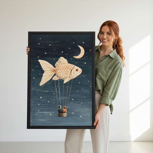 Framed fish balloon canvas wall art beside a rattan bed with terracotta bedding and a white bedside lamp.