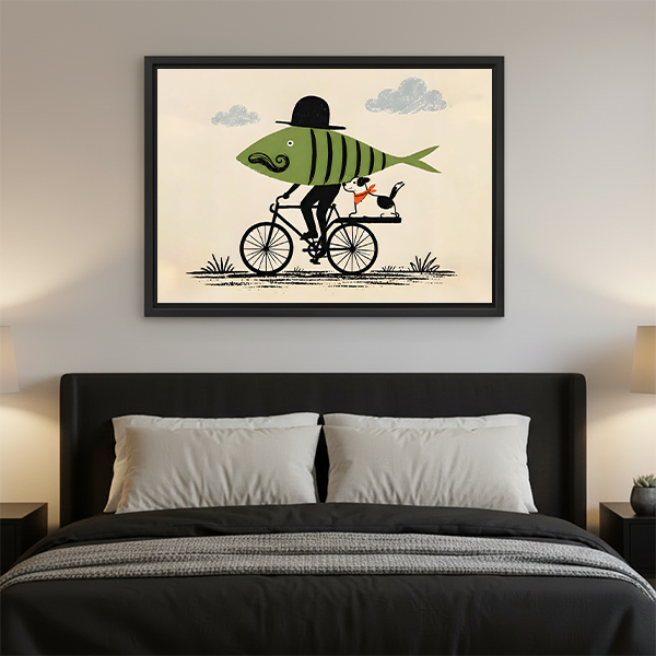 Fish on bicycle wall art framed over a bed with white pillows and warm bedside lamps