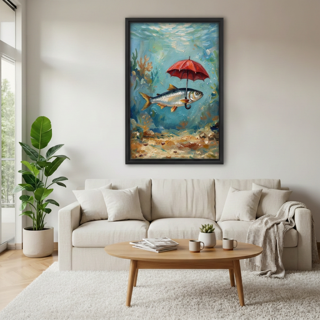 Fish with red umbrella canvas wall art in a black frame above a cream sofa in a bright living room
