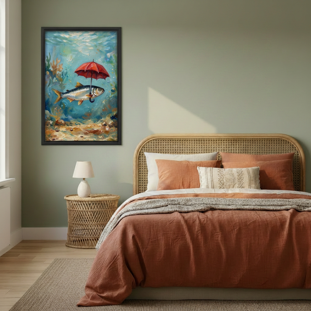Framed fish with red umbrella canvas wall art on a sage green bedroom wall beside a rattan bed.
