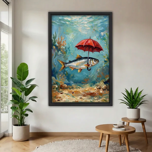 Fish with red umbrella canvas wall art in a black frame above wooden tables beside a bright window.