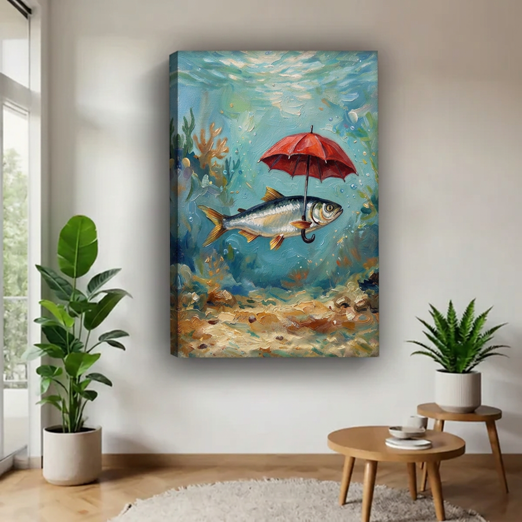 Fish with red umbrella canvas wall art displayed without an outer frame beside a window and green plants.
