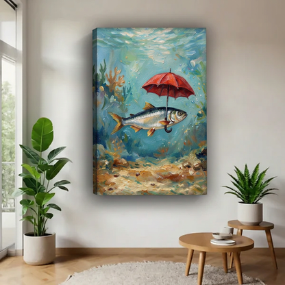 Fish with red umbrella canvas wall art displayed without an outer frame beside a window and green plants.