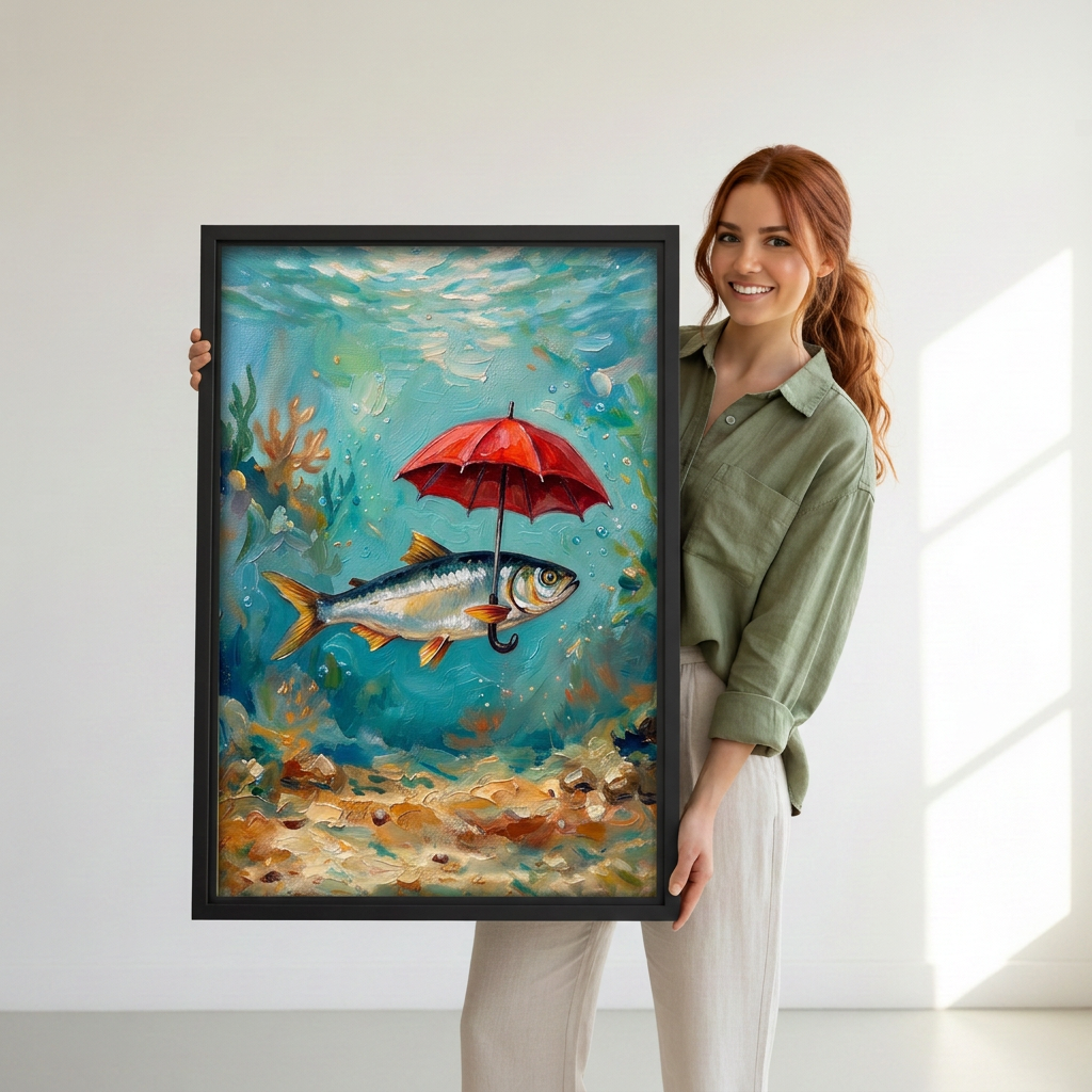  Woman holding black-framed fish with red umbrella canvas wall art featuring turquoise water and golden underwater details.