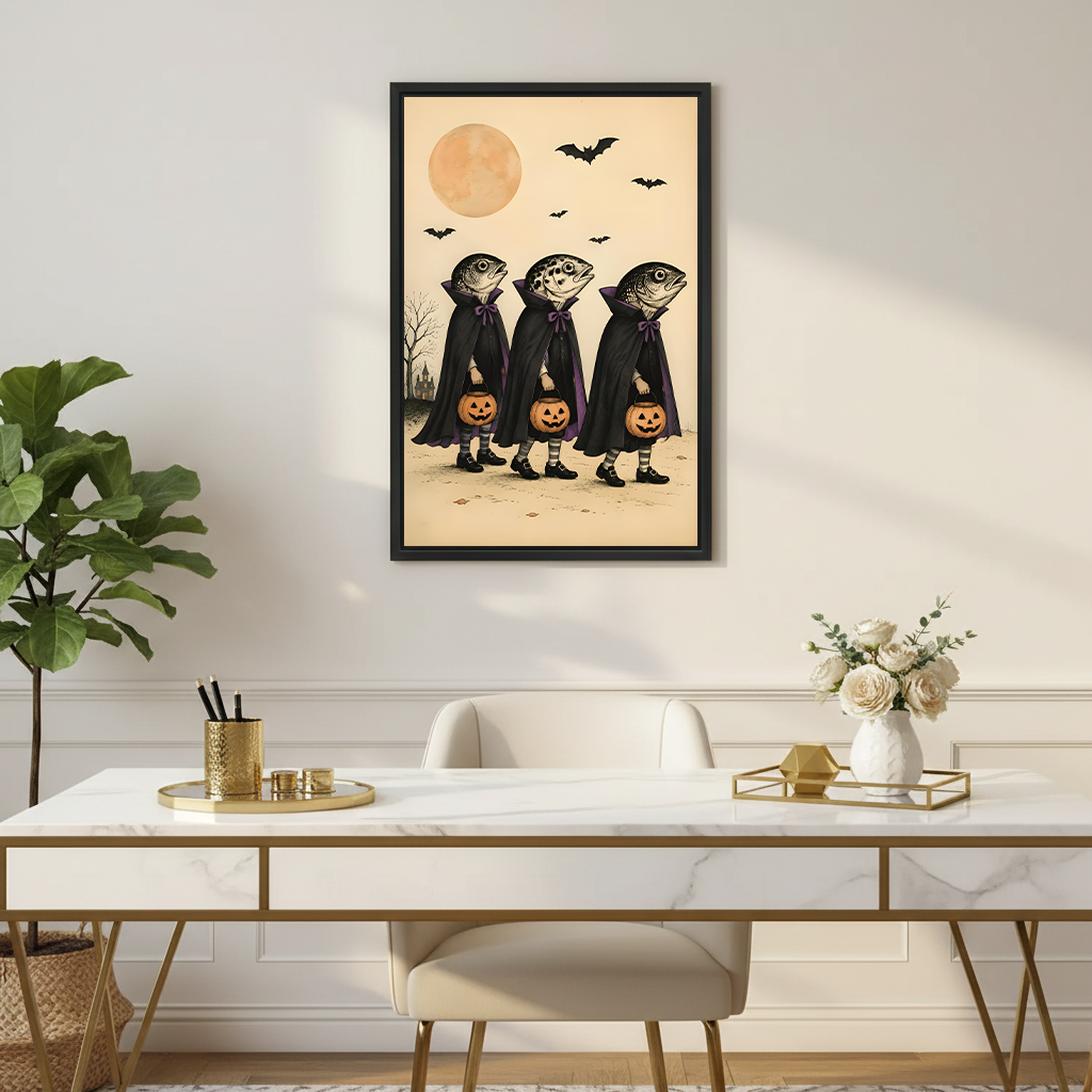 Woman holding framed fish vampire Halloween canvas art showing three caped figures with pumpkin buckets