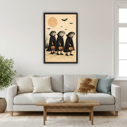 Framed fish vampire Halloween canvas wall art displayed beside a bed in a cozy bedroom