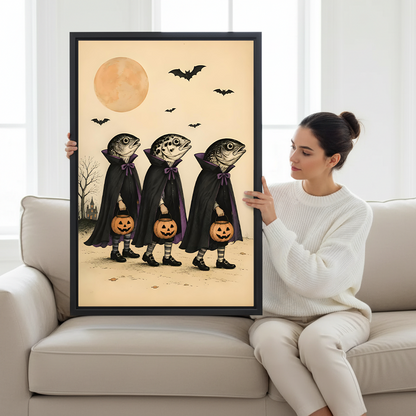 Framed fish vampire Halloween canvas wall art hanging above a sofa in a bright living room