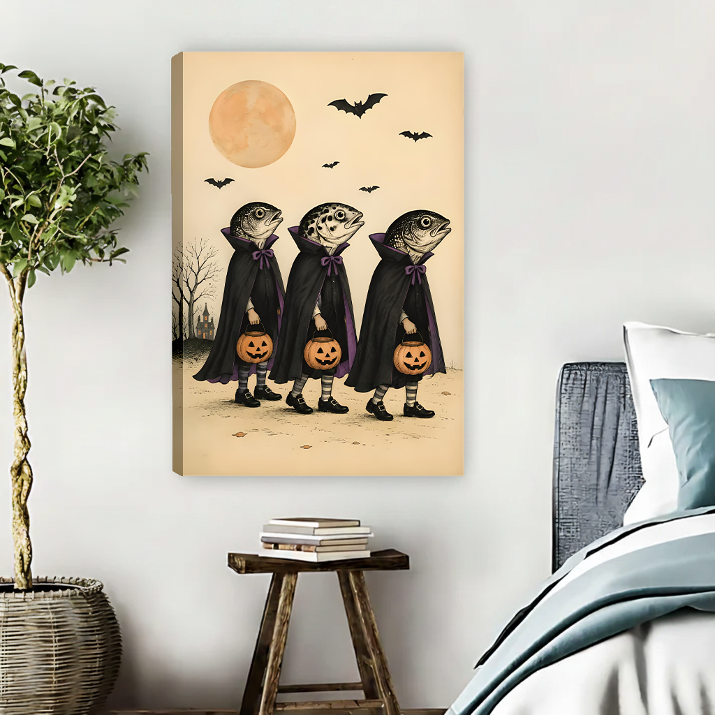Framed fish vampire Halloween canvas wall art displayed above a desk in an elegant home office
