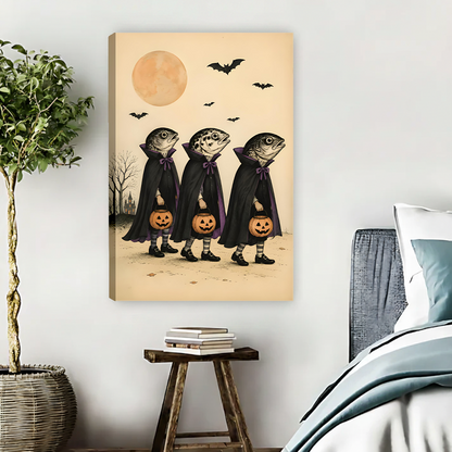 Framed fish vampire Halloween canvas wall art displayed above a desk in an elegant home office
