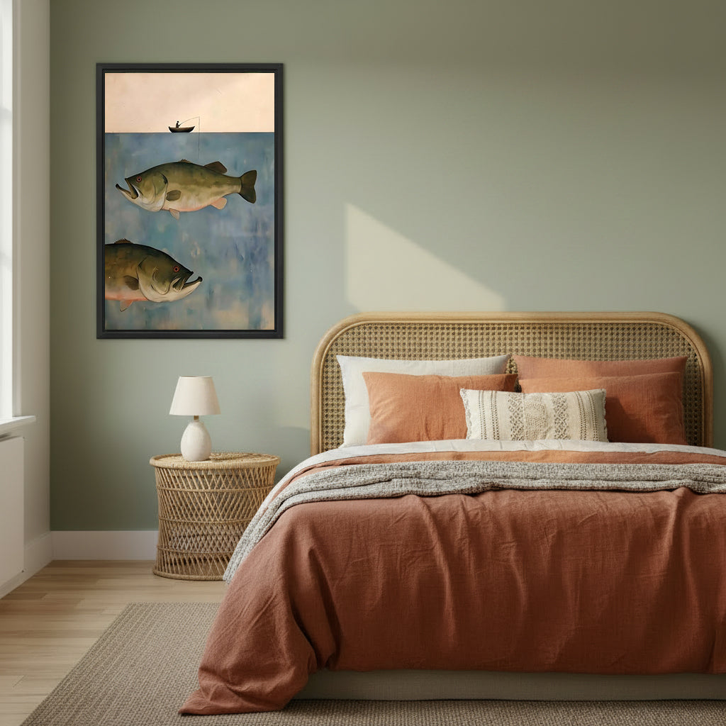 Fisherman boat giant bass minimalist canvas wall art lone fisherman peach evening sky two large largemouth bass blue gray water black framed canvas on sage green wall beside wide rattan arched headboard bed with terracotta linen and wicker round nightstand