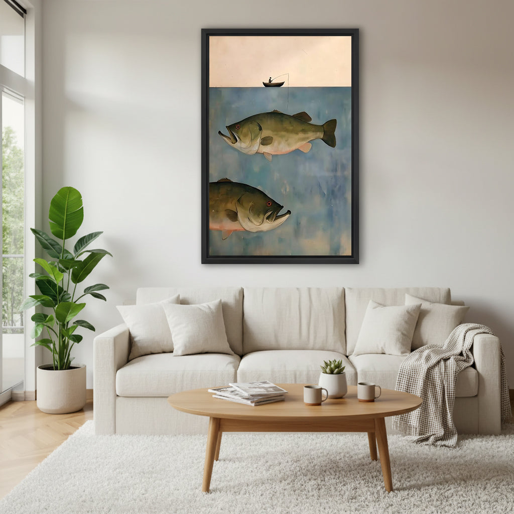 Fisherman boat giant bass minimalist canvas wall art lone fisherman peach evening sky two enormous bass in blue gray water black framed canvas on light gray wall above wide cream linen sofa with oval wood coffee table succulent and houndstooth throw