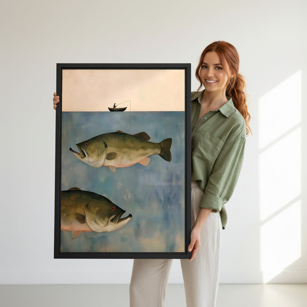 Smiling redhead woman in sage green shirt holding large fisherman boat giant bass minimalist black framed canvas wall art lone fisherman peach sky two enormous largemouth bass blue water size reference in bright white room natural side light
