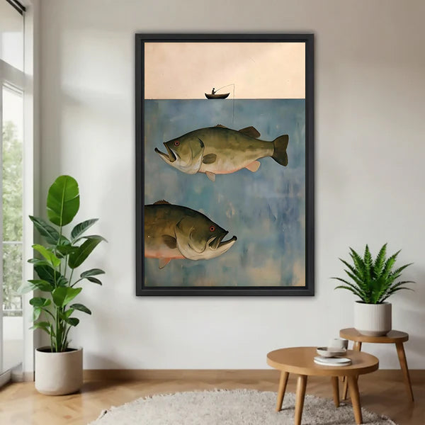 Fisherman boat giant bass minimalist canvas wall art lone fisherman silhouette small boat peach sky two large largemouth bass blue gray water black framed on white wall beside monstera plant and tiered round wood side table