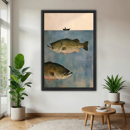Fisherman boat giant bass minimalist canvas wall art lone fisherman silhouette small boat peach sky two large largemouth bass blue gray water black framed on white wall beside monstera plant and tiered round wood side table