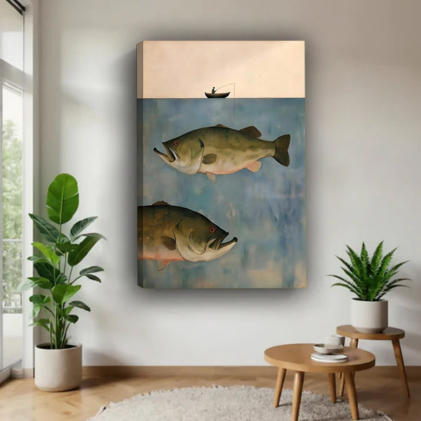 Fisherman boat giant bass minimalist canvas wall art lone fisherman silhouette peach sky two large largemouth bass blue gray water gallery wrap canvas on white wall beside large monstera plant and tiered round wood side table natural wrap edges